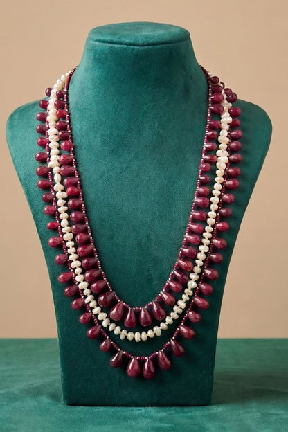 Gold Finish Ruby Beaded Layered Necklace
