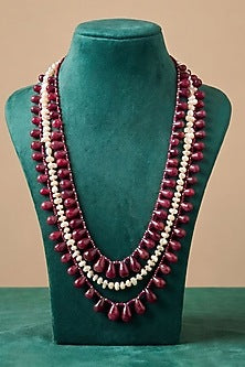 Gold Finish Ruby Beaded Layered Necklace