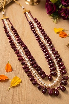 Gold Finish Ruby Beaded Layered Necklace