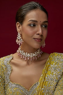 Rose Gold FInish Kundan Polki & Pink Stone Choker Necklace Set
