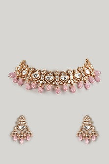 Rose Gold FInish Kundan Polki & Pink Stone Choker Necklace Set