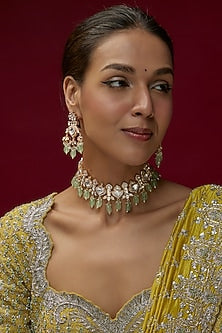 Rose Gold FInish Kundan Polki & Green Stone Choker Necklace Set
