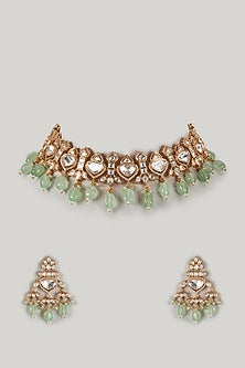 Rose Gold FInish Kundan Polki & Green Stone Choker Necklace Set