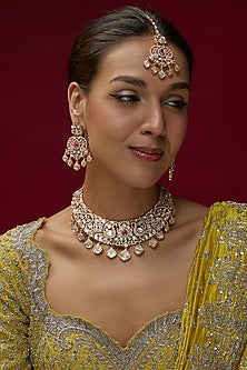 Rose Gold FInish Kundan Polki & Zircon Necklace Set