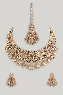 Rose Gold FInish Kundan Polki & Zircon Necklace Set