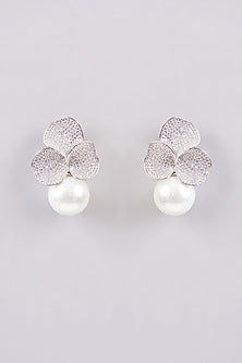 Two-Tone Finish Stone & Pearl Stud Earrings