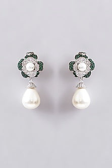 White Finish Pearl & Stone Dangler Earrings