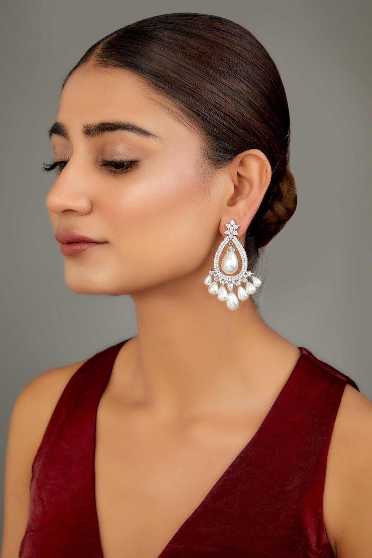 White Finish Zircon & Pearl Dangler Earrings