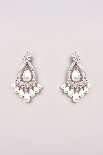 White Finish Zircon & Pearl Dangler Earrings