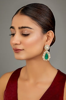 Gold Finish Kundan Polki & Green Stone Dangler Earrings