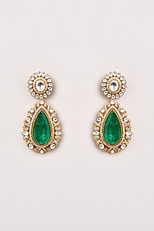 Gold Finish Kundan Polki & Green Stone Dangler Earrings