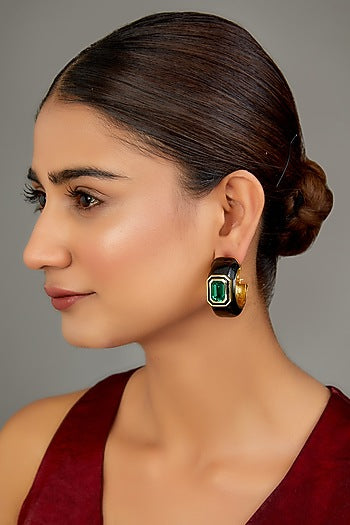 Gold Finish Swarovski Black Enamelled Hoop Earrings