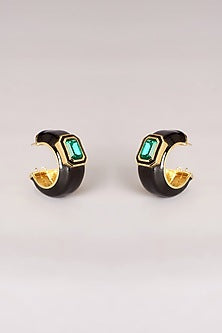 Gold Finish Swarovski Black Enamelled Hoop Earrings