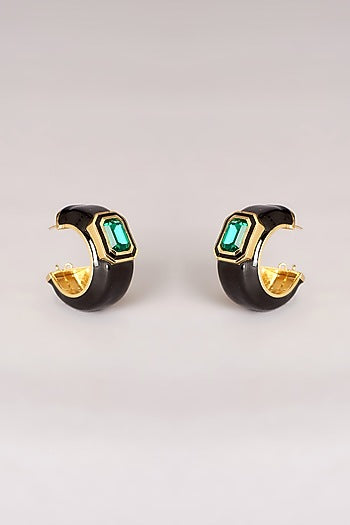 Gold Finish Swarovski Black Enamelled Hoop Earrings