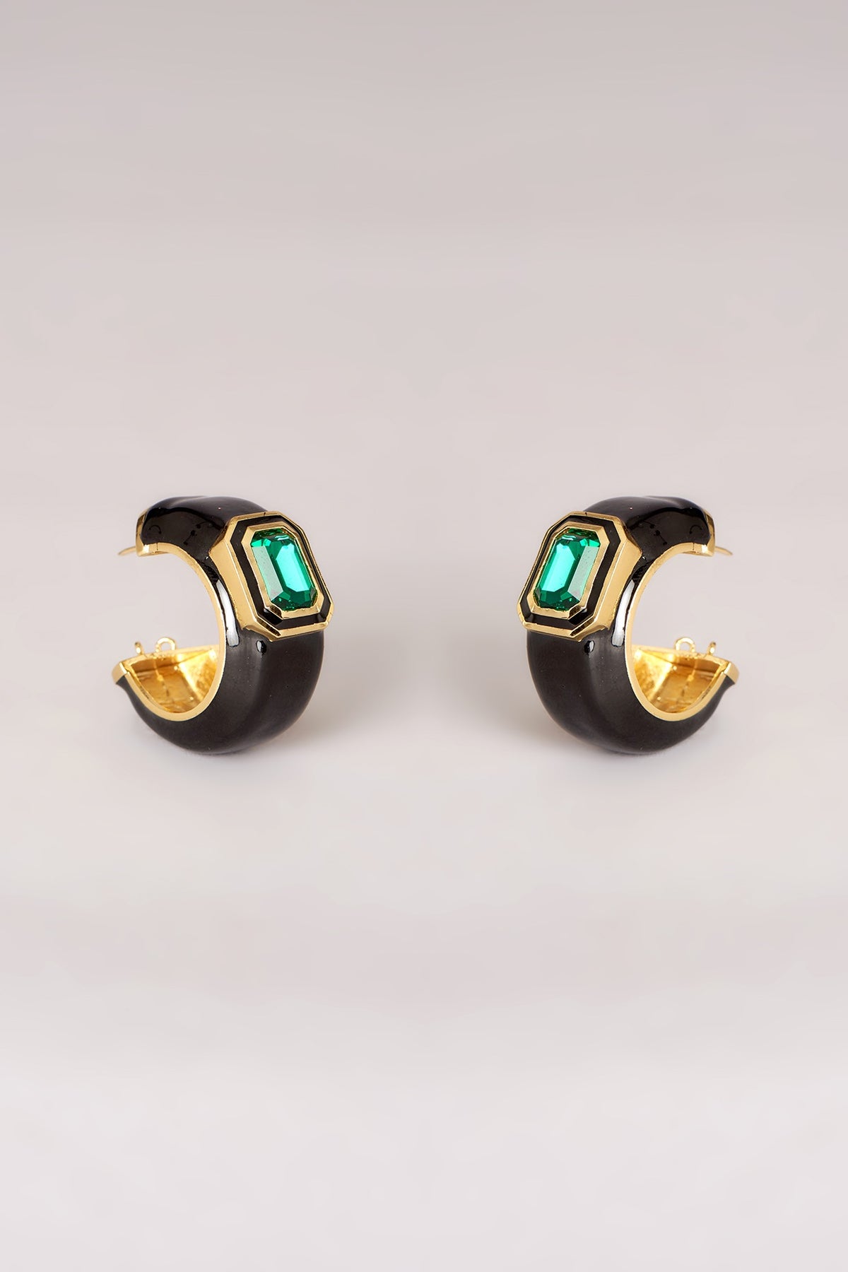 Gold Finish Swarovski Black Enamelled Hoop Earrings