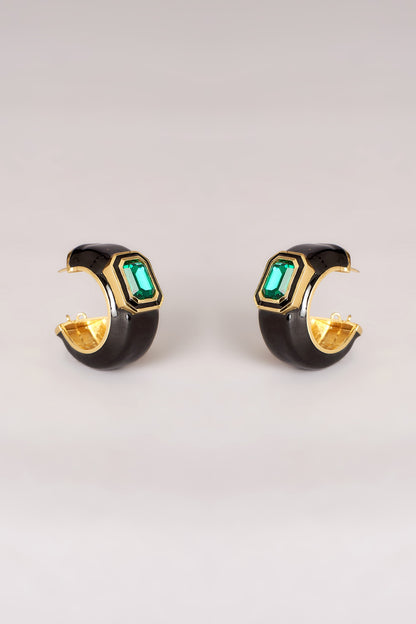 Gold Finish Swarovski Black Enamelled Hoop Earrings