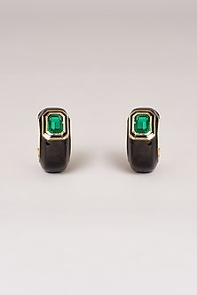 Gold Finish Swarovski Black Enamelled Hoop Earrings