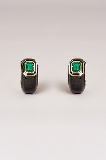 Gold Finish Swarovski Black Enamelled Hoop Earrings