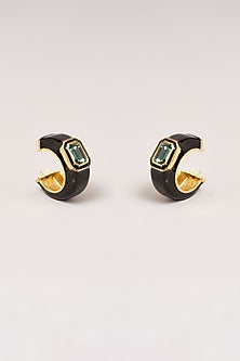 Gold Finish Swarovski Black Enamelled Hoop Earrings