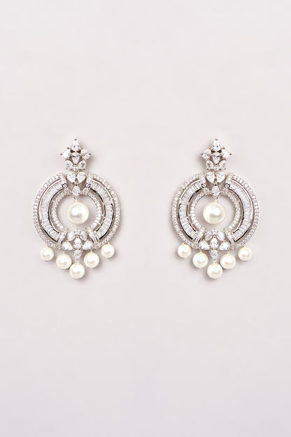 White Finish Zircon & Pearl Dangler Earrings