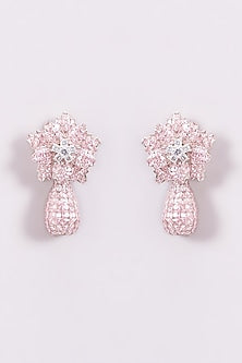 White Finish Pink Synthetic Stone Floral Dangler Earrings