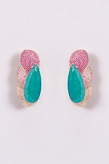 Gold Finish Pink & Green Zircon Stud Earrings
