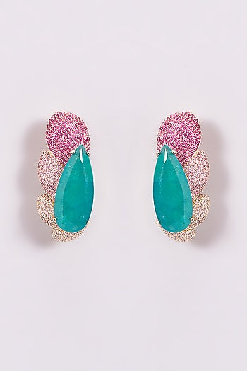 Gold Finish Pink & Green Zircon Stud Earrings