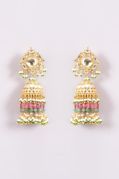 Gold Finish Kundan Polki Jhumka Earrings