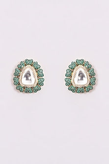 Black Rhodium Finish Green Kundan Polki Stud Earrings