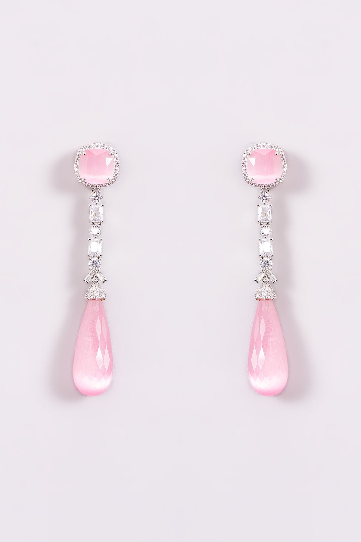 White Finish Pink Zircon Dangler Earrings