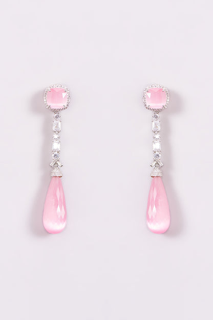 White Finish Pink Zircon Dangler Earrings