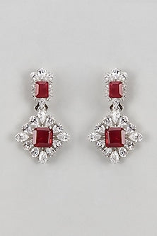 White Finish Ruby Stone & CZ Diamond Beaded Dangler Earrings In Sterling Silver