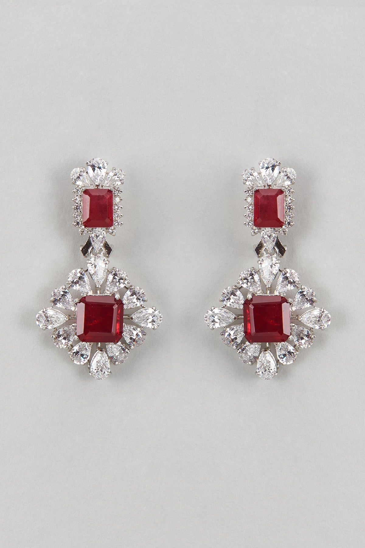 White Finish Ruby Stone & CZ Diamond Beaded Dangler Earrings In Sterling Silver