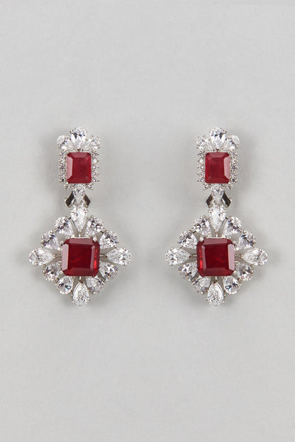 White Finish Ruby Stone & CZ Diamond Beaded Dangler Earrings In Sterling Silver