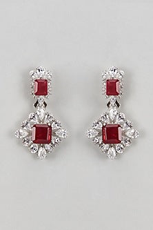 White Finish Ruby Stone & CZ Diamond Beaded Dangler Earrings In Sterling Silver