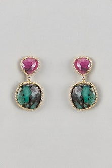 White Finish Ruby Stone & CZ Diamond Dangler Earrings In Sterling Silver