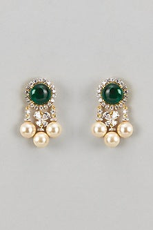 Gold Finish Green Stone & Pearl Dangler Earrings In Sterling SIlver