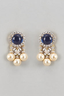 Gold Finish Blue Stone & Pearl Dangler Earrings In Sterling SIlver