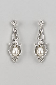 White Finish Zircon & Pearl Dangler Earrings In Sterling Silver