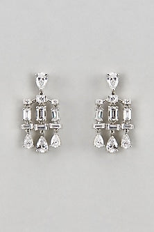 White Finish Swarovski Stone & Zircon Dangler Earrings In Sterling Silver