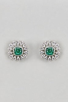 White Finish Zircon & Emerald Stone Stud Earrings In Sterling SIlver