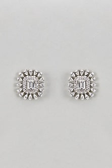 White Finish Zircon & Green Stone Stud Earrings In Sterling Silver