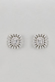 White Finish Zircon & Green Stone Stud Earrings In Sterling Silver