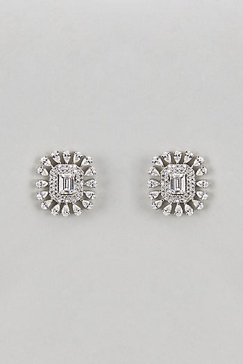 White Finish Zircon & Green Stone Stud Earrings In Sterling Silver