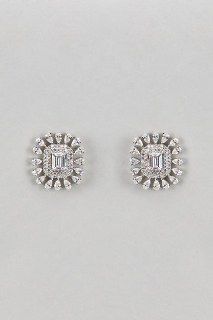 White Finish Zircon & Green Stone Stud Earrings In Sterling Silver