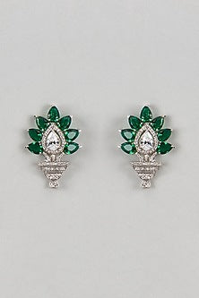 White Finish Zircon & Green Stone Stud Earrings In Sterling Silver