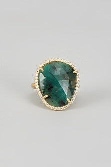 Gold Finish Green Stone & CZ Diamond Ring In Sterling SIlver