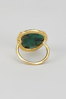 Gold Finish Green Stone & CZ Diamond Ring In Sterling SIlver