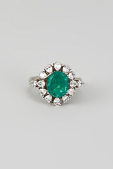 White Finish Zircon & Green Stone RIng