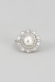 White Finish Pearl & CZ Diamond RIng